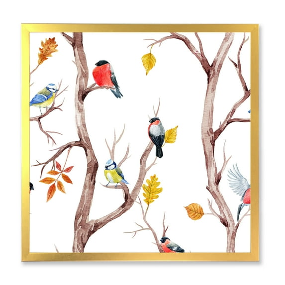 Designart 'Little Birds and Fall Trees' Traditional Framed Art Print
