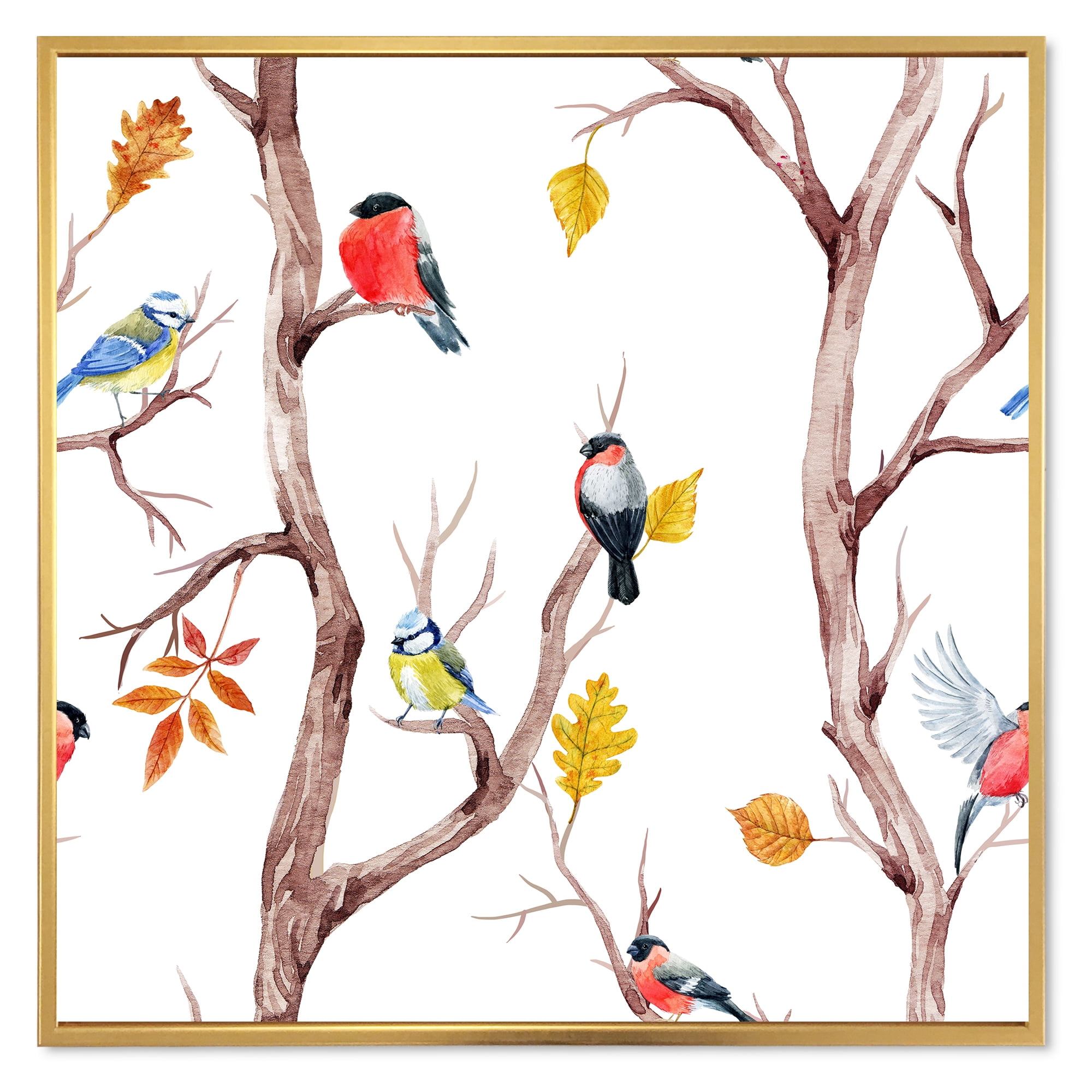 Designart 'Little Birds and Fall Trees' Traditional Framed Canvas Wall Art Print