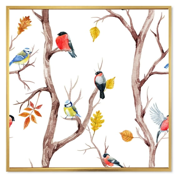 Designart 'Little Birds and Fall Trees' Traditional Framed Canvas Wall Art Print