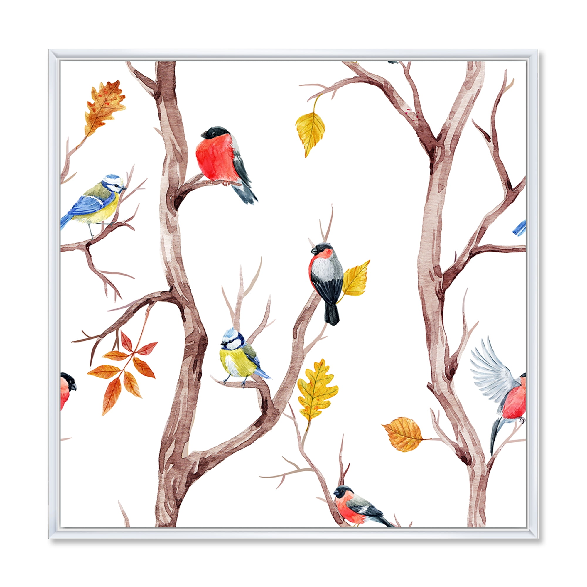 Designart 'Little Birds and Fall Trees' Traditional Framed Canvas Wall Art Print