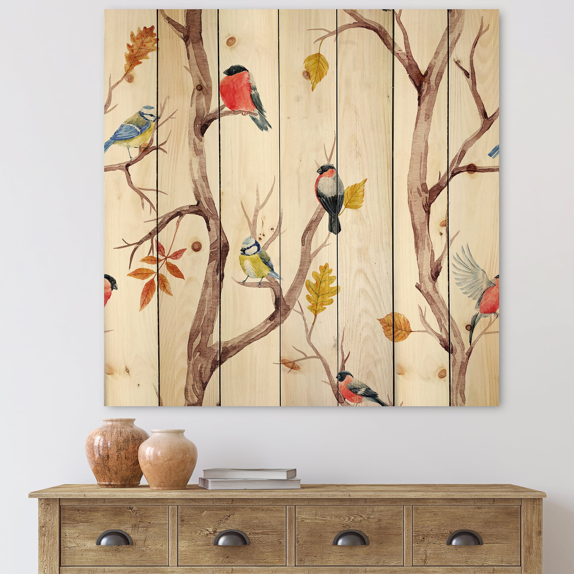 Designart 'Little Birds and Fall Trees' Traditional Print on Natural Pine Wood