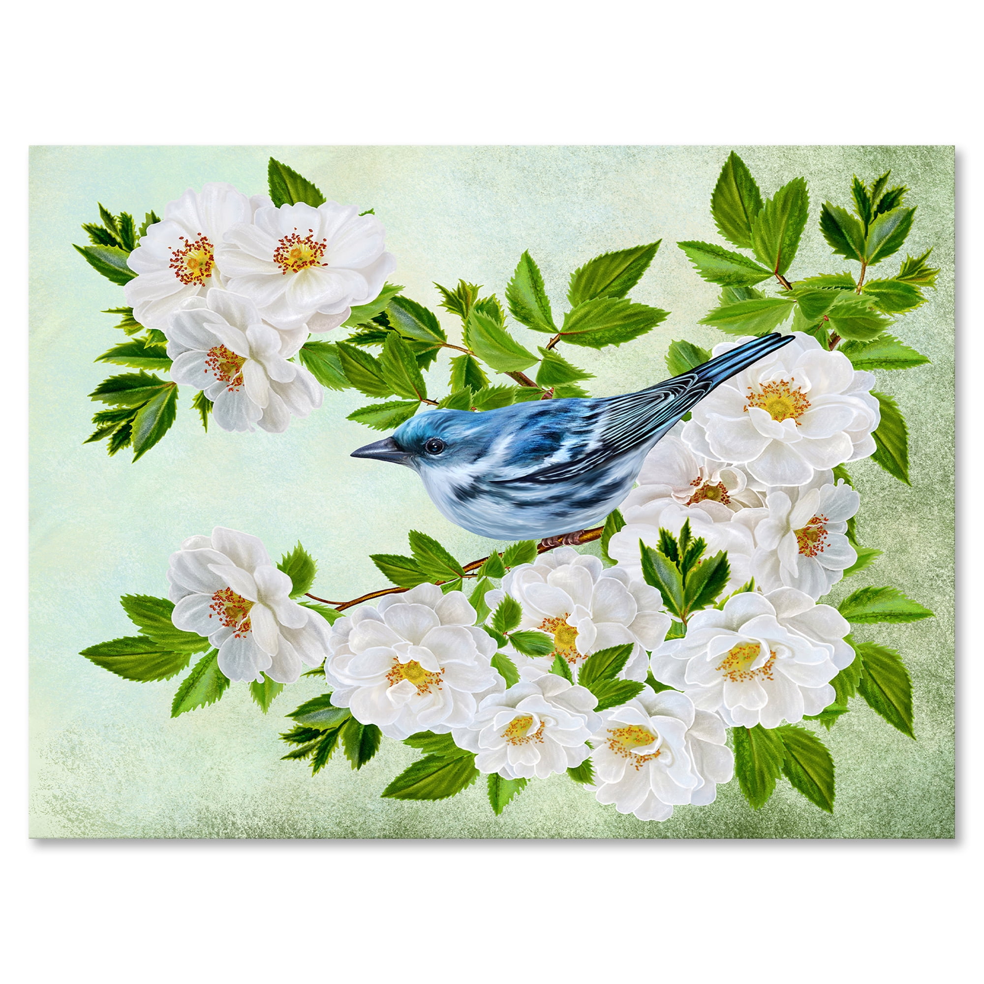 Designart ' Little Blue Bird Sitting On A Branch of White Rose Plant ' Traditional Canvas Wall Art Print