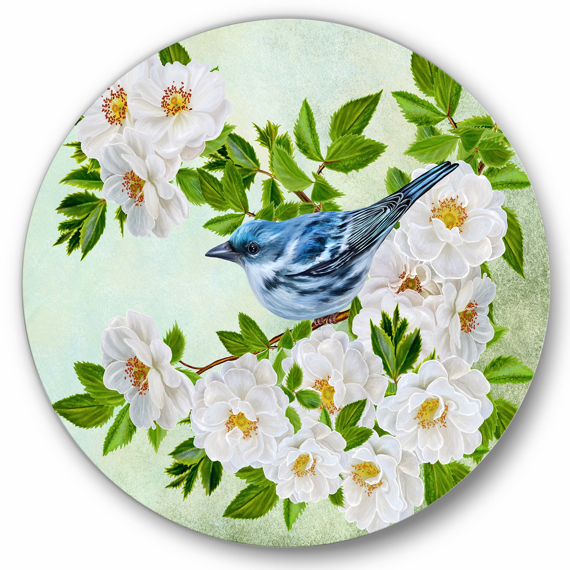 Designart 'Little Blue Bird Sitting On A Branch of White Rose Plant' Traditional Circle Metal Wall Art 23x23 - Disc of 23