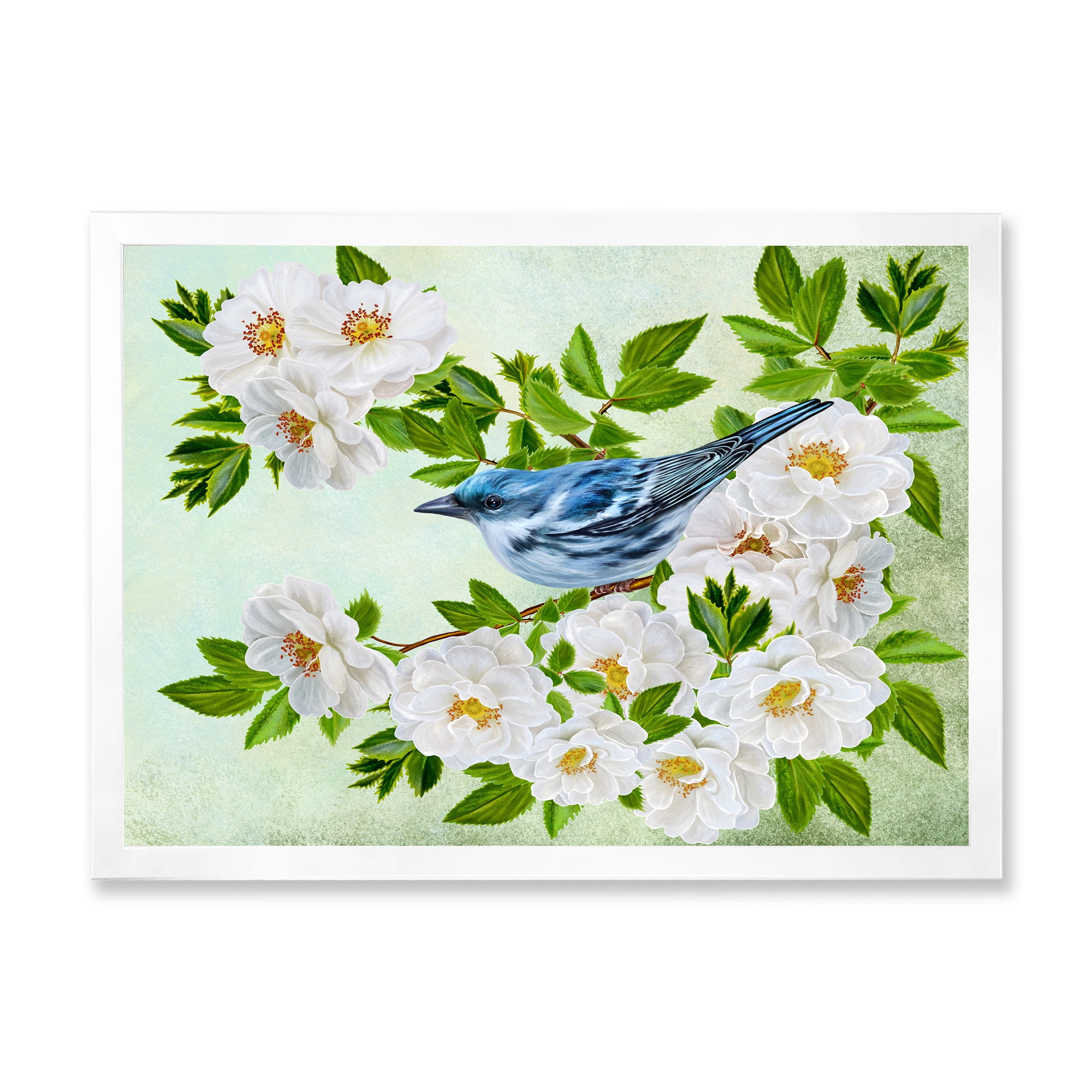 Designart 'Little Blue Bird Sitting On A Branch of White Rose Plant' Traditional Framed Art Print