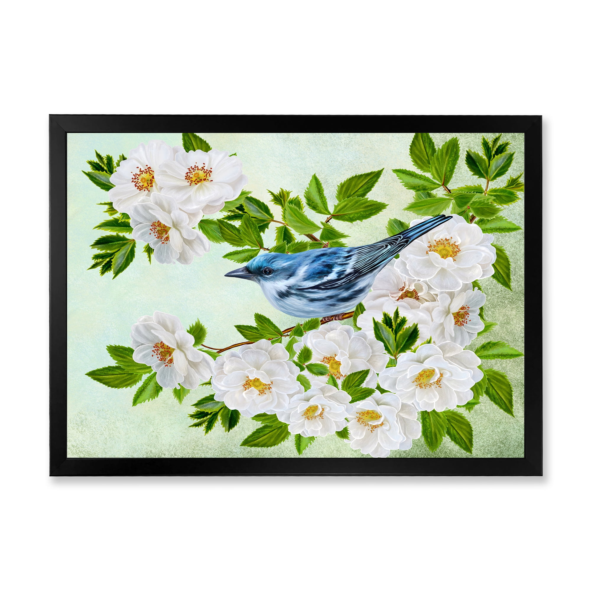 Designart 'Little Blue Bird Sitting On A Branch of White Rose Plant' Traditional Framed Art Print