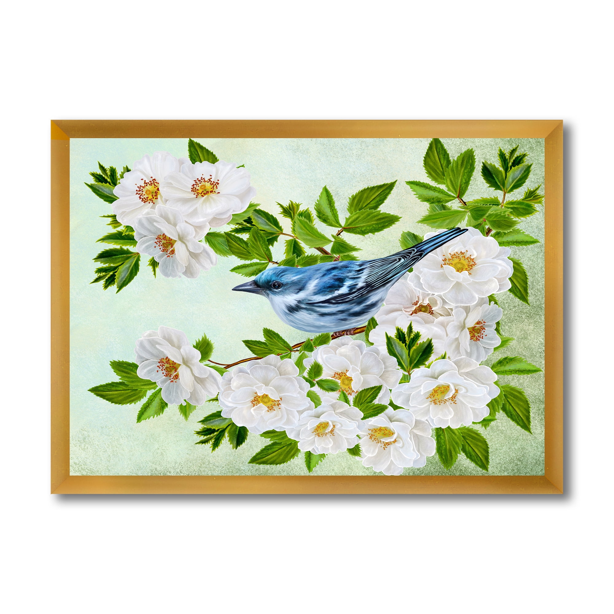Designart 'Little Blue Bird Sitting On A Branch of White Rose Plant' Traditional Framed Art Print