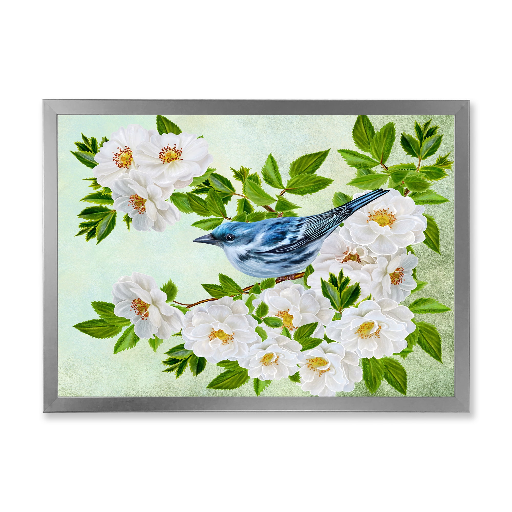 Designart 'Little Blue Bird Sitting On A Branch of White Rose Plant' Traditional Framed Art Print