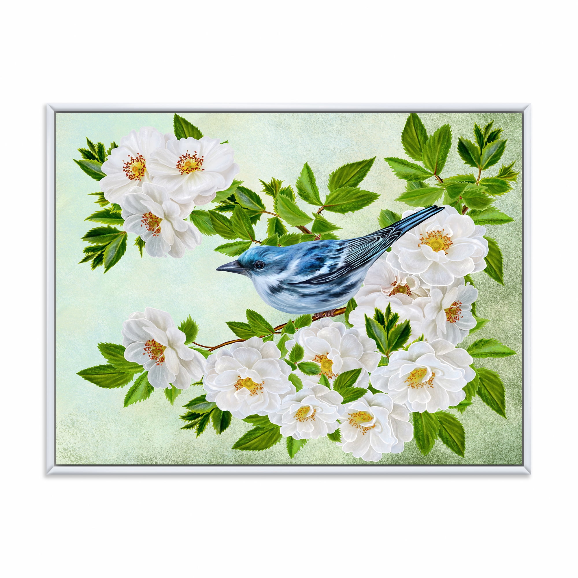Designart 'Little Blue Bird Sitting On A Branch of White Rose Plant' Traditional Framed Canvas Wall Art Print