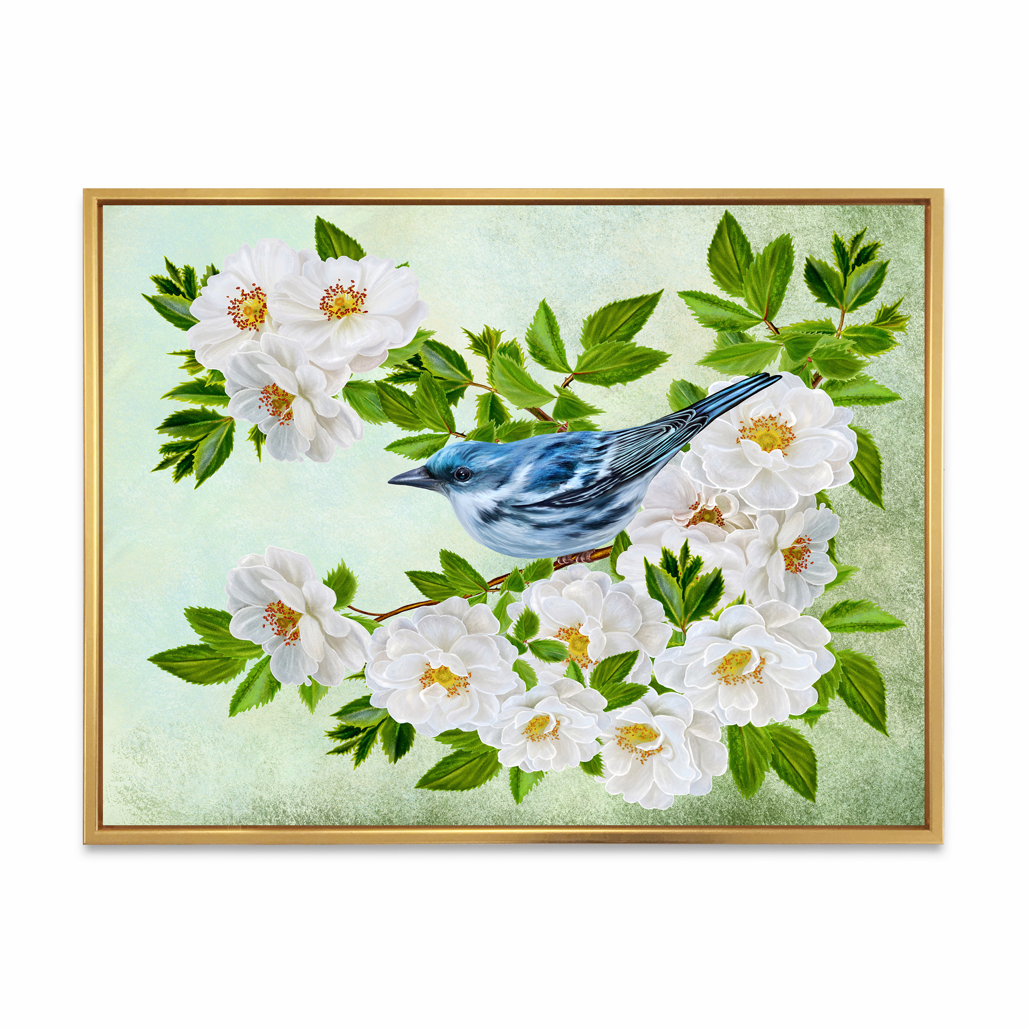 Designart 'Little Blue Bird Sitting On A Branch of White Rose Plant' Traditional Framed Canvas Wall Art Print