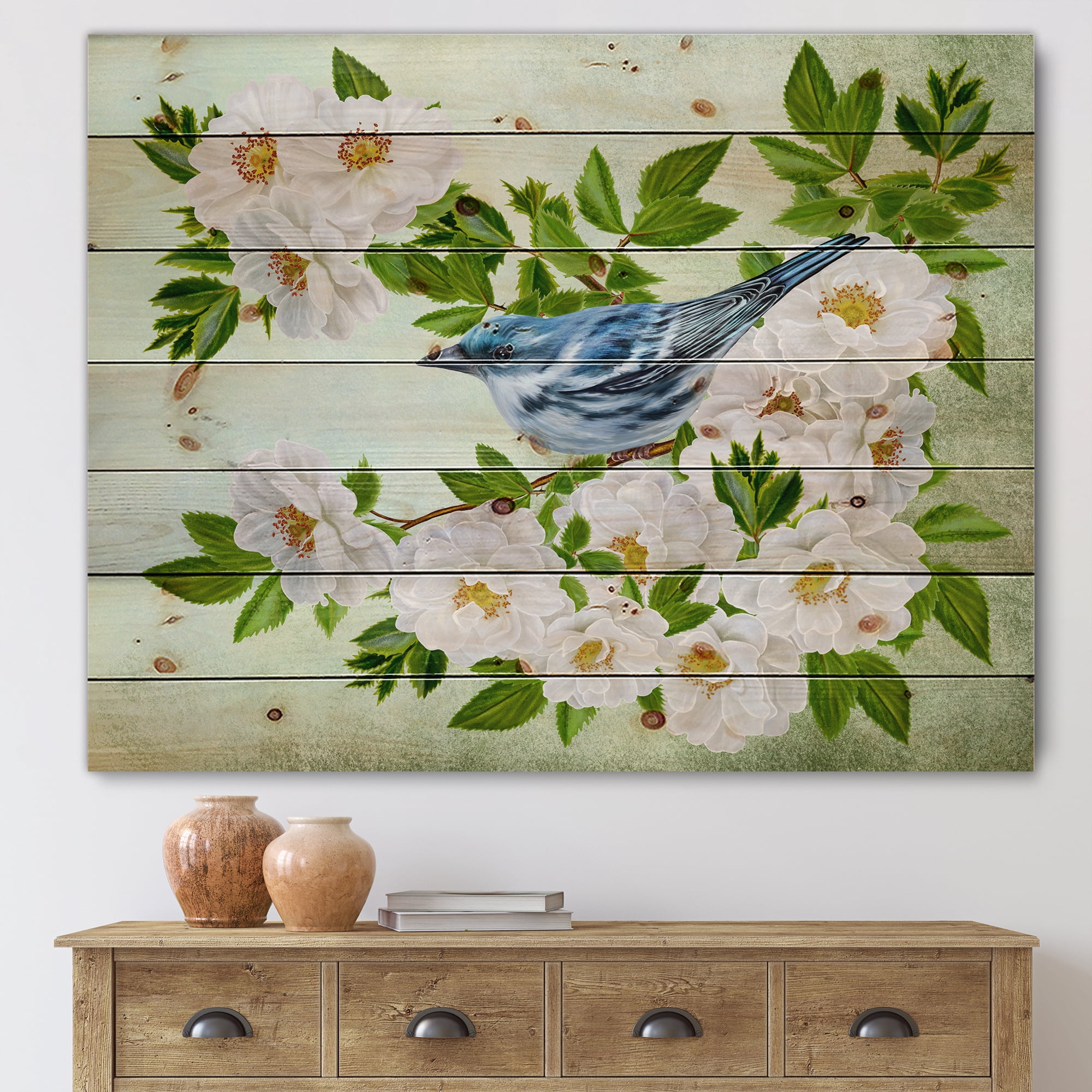 Designart 'Little Blue Bird Sitting On A Branch of White Rose Plant' Traditional Print on Natural Pine Wood