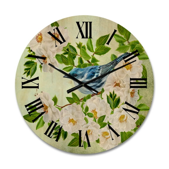Designart 'Little Blue Bird Sitting On A Branch of White Rose Plant' Traditional Wood Wall Clock