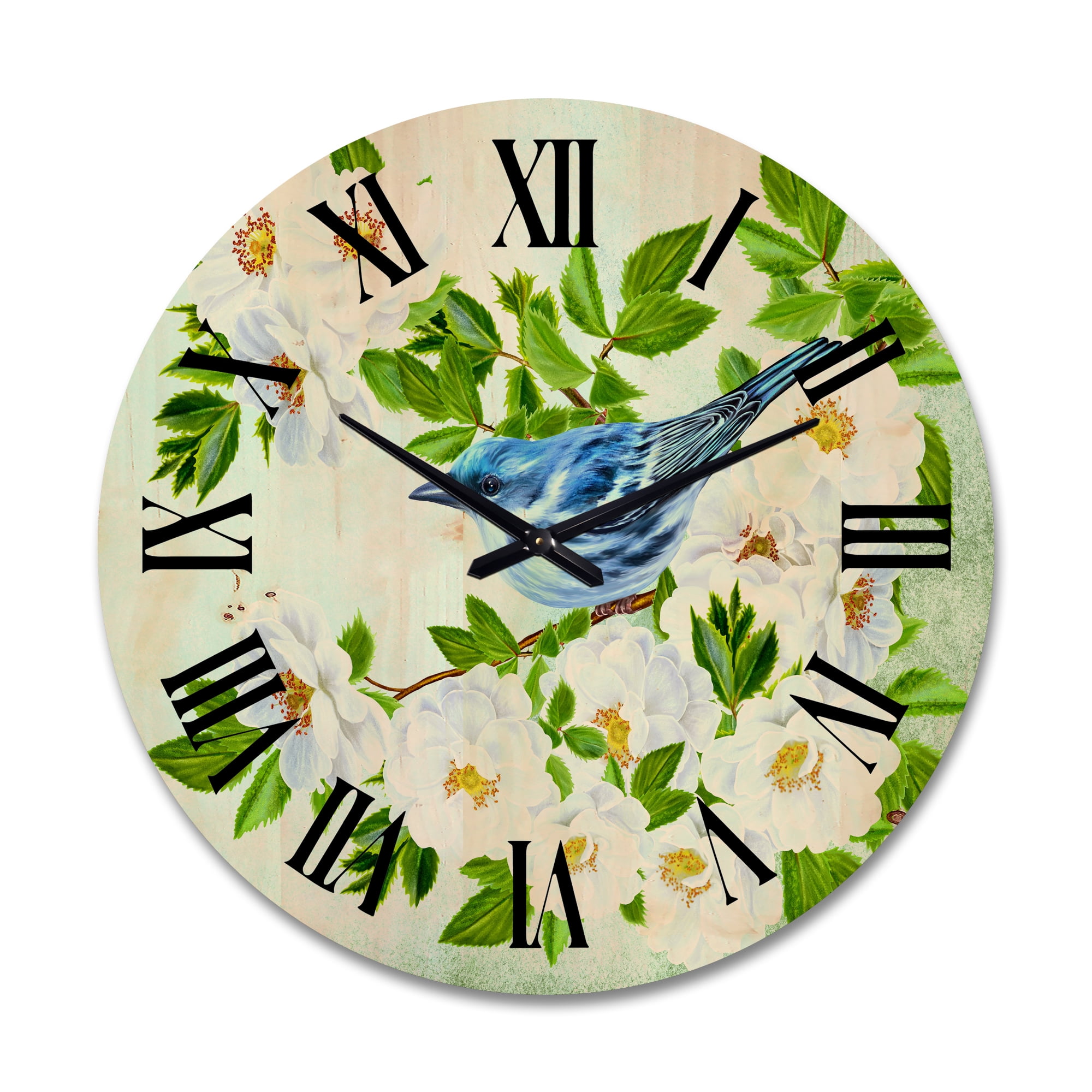 Designart 'Little Blue Bird Sitting On A Branch of White Rose Plant' Traditional Wood Wall Clock