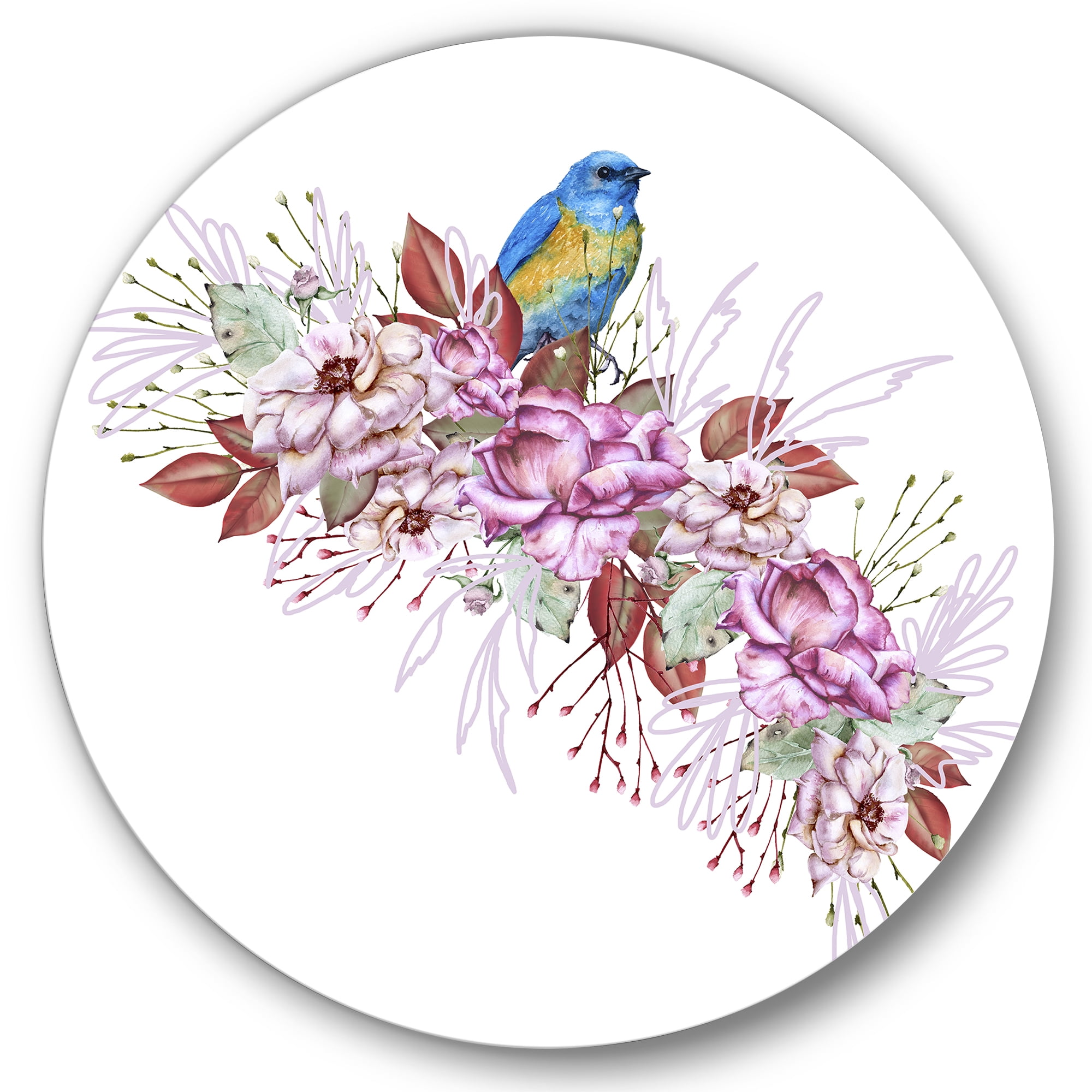 Designart 'Little Blue Bird Sitting On Colorful Boquet of Flowers' Traditional Circle Metal Wall Art 29x29 - Disc of 29