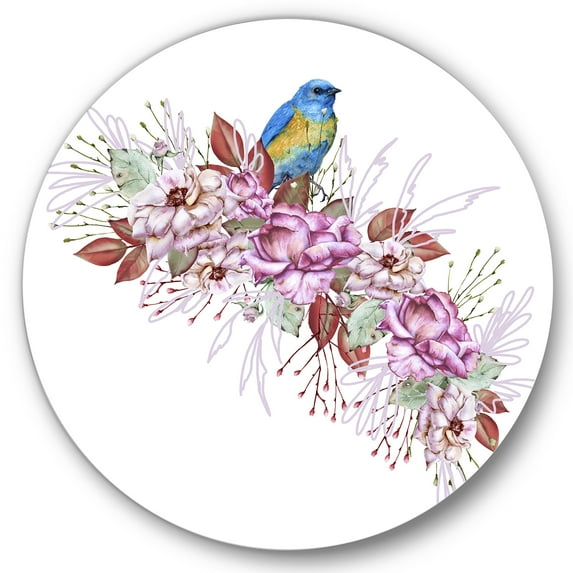 Designart 'Little Blue Bird Sitting On Colorful Boquet of Flowers' Traditional Circle Metal Wall Art 29x29 - Disc of 29