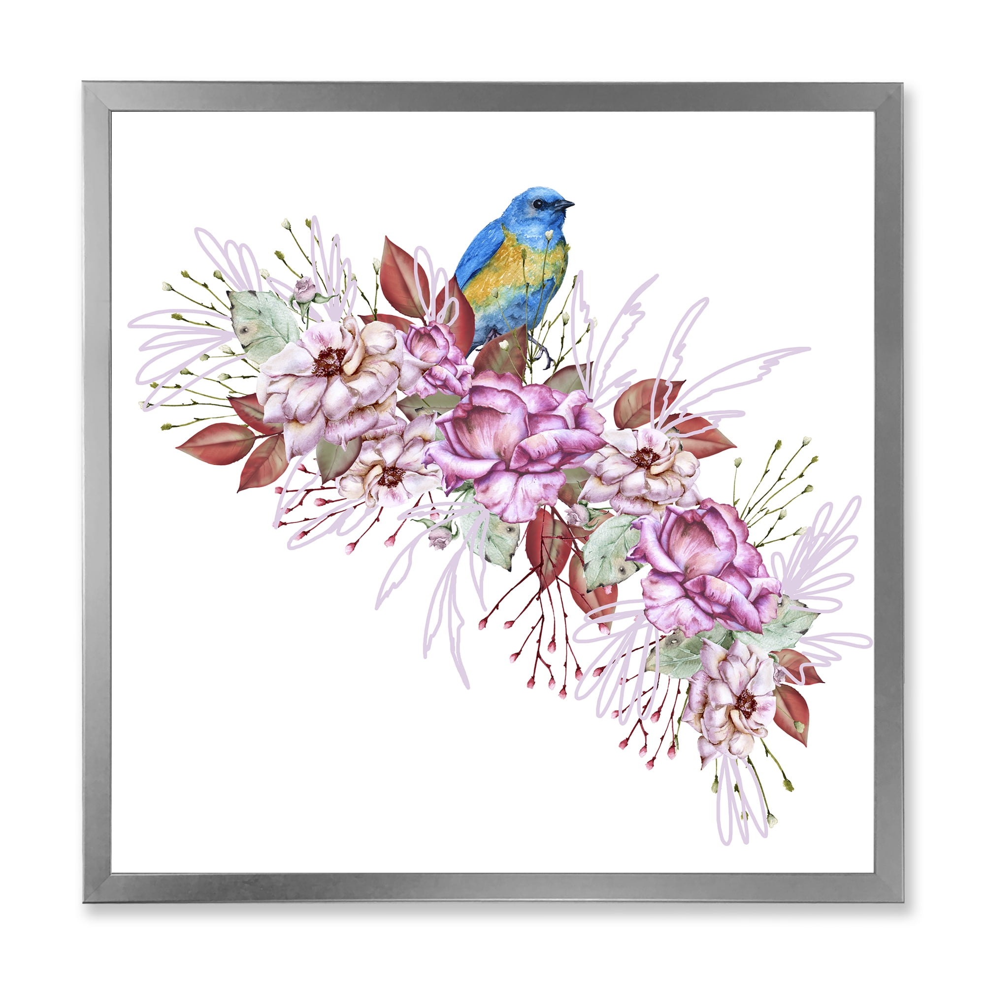 Designart 'Little Blue Bird Sitting On Colorful Boquet of Flowers' Traditional Framed Art Print