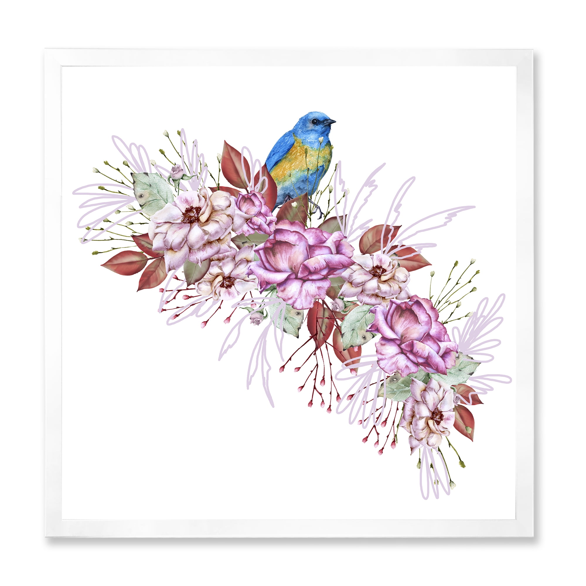 Designart 'Little Blue Bird Sitting On Colorful Boquet of Flowers' Traditional Framed Art Print