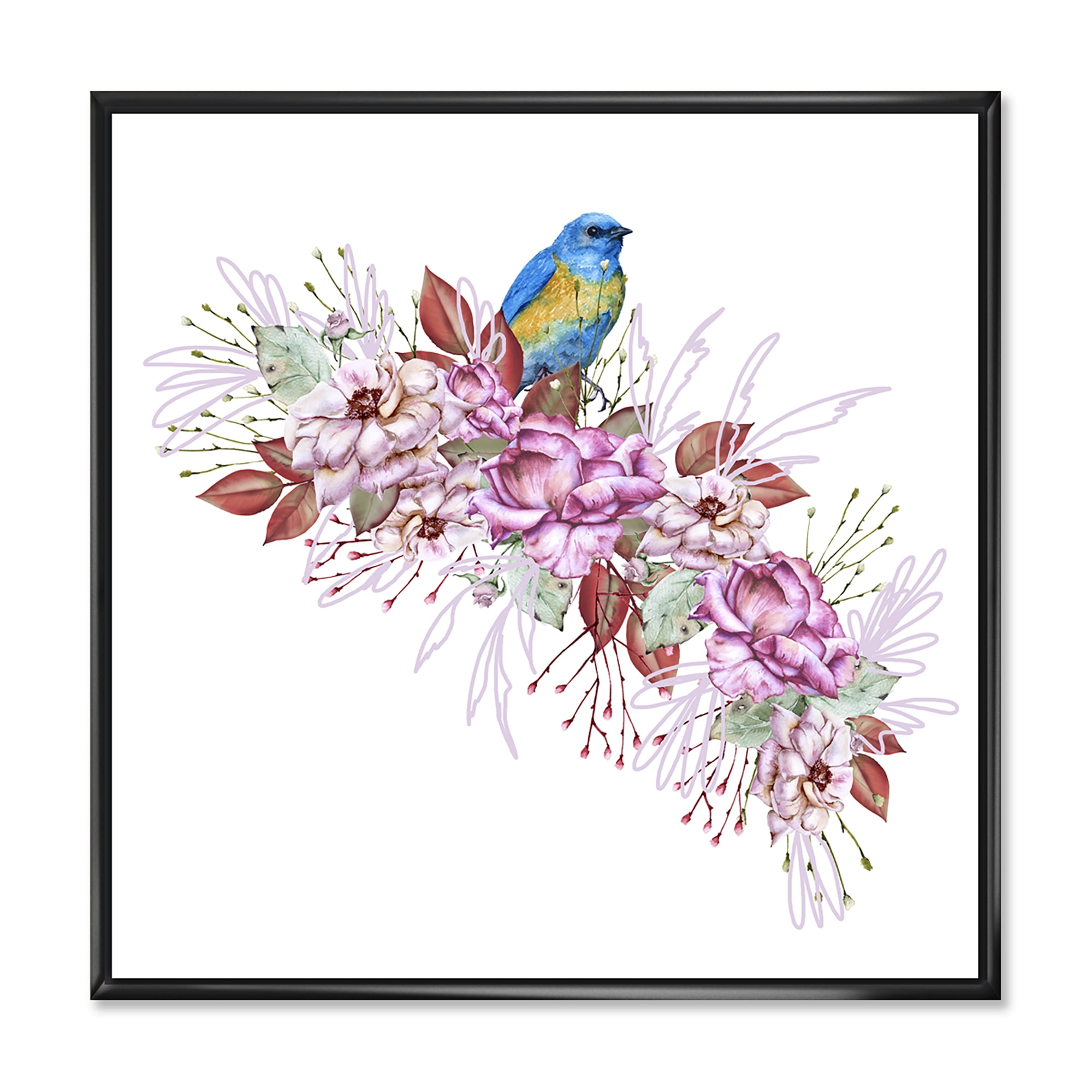 Designart 'Little Blue Bird Sitting On Colorful Boquet of Flowers' Traditional Framed Canvas Wall Art Print