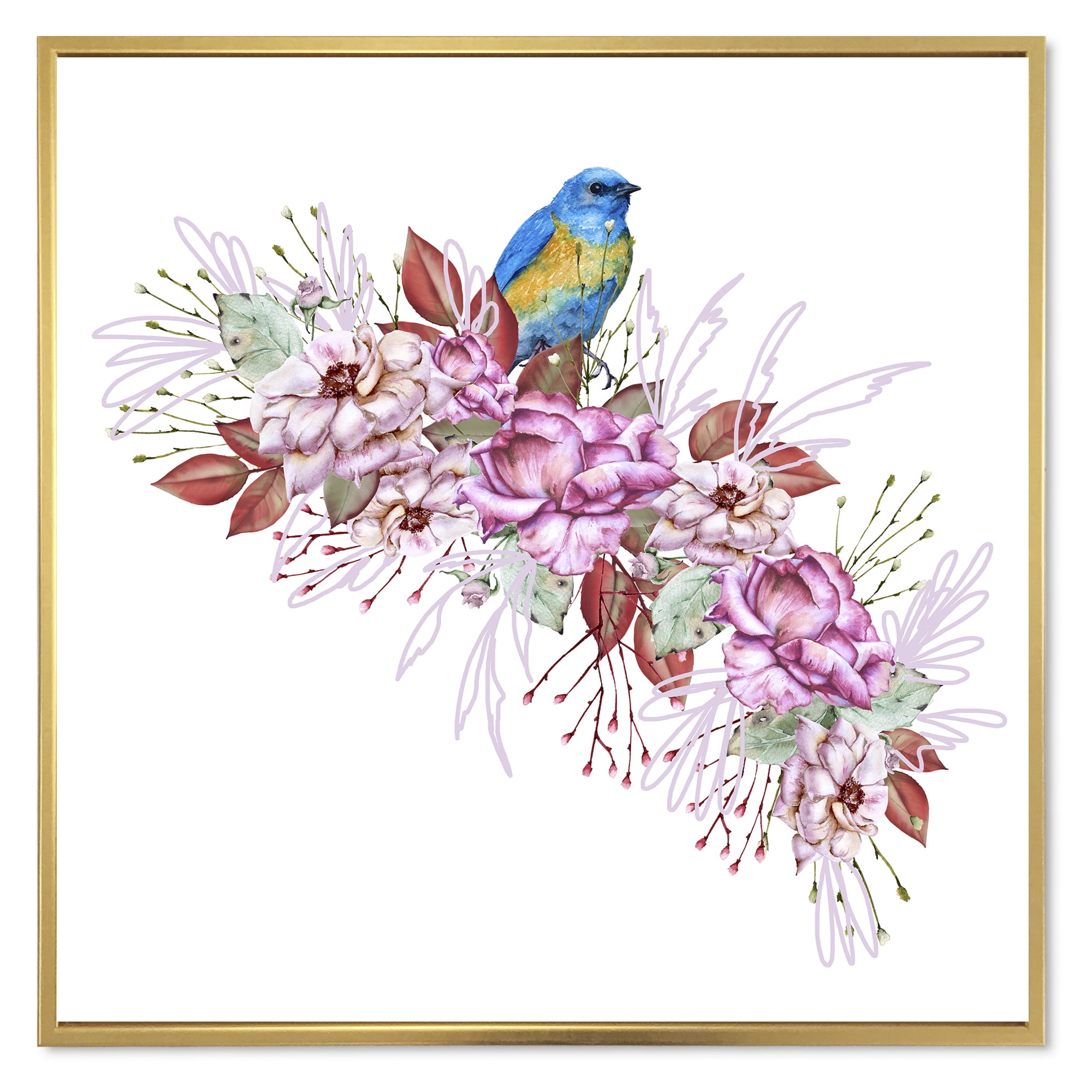 Designart 'Little Blue Bird Sitting On Colorful Boquet of Flowers' Traditional Framed Canvas Wall Art Print