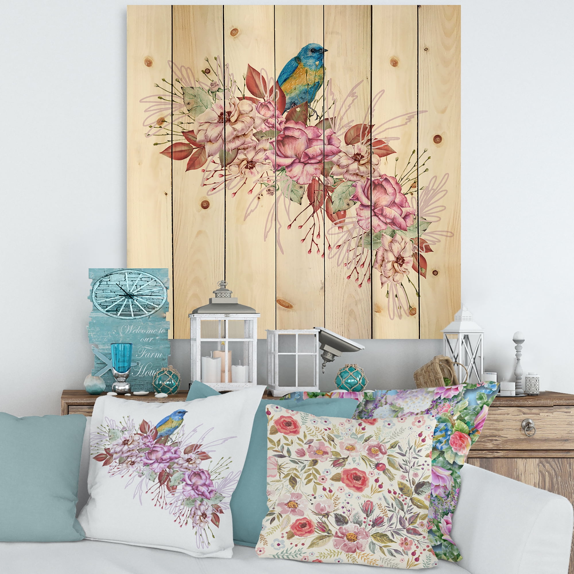 Designart 'Little Blue Bird Sitting On Colorful Boquet of Flowers' Traditional Print on Natural Pine Wood