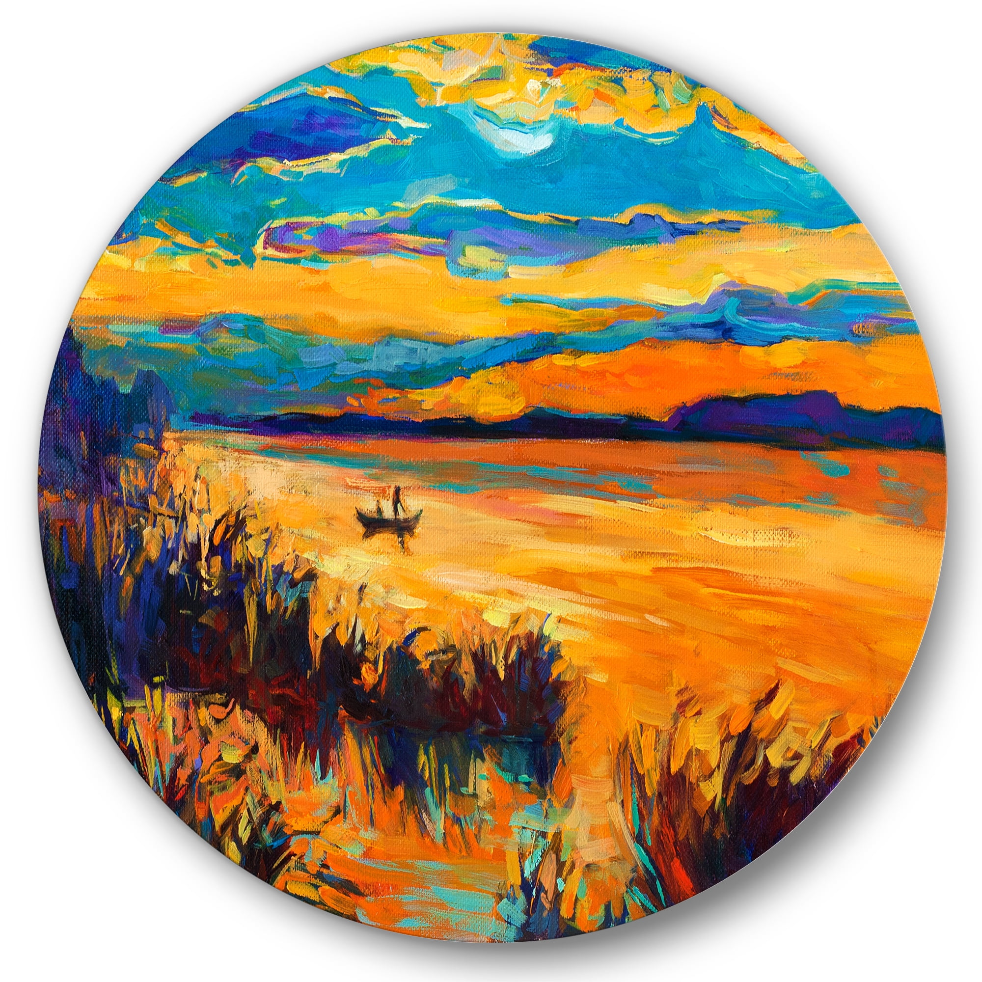 Designart 'Little Boat At The Horizon Of A Lake During Evening Glow' Nautical & Coastal Circle Metal Wall Art 23x23 - Disc of 23