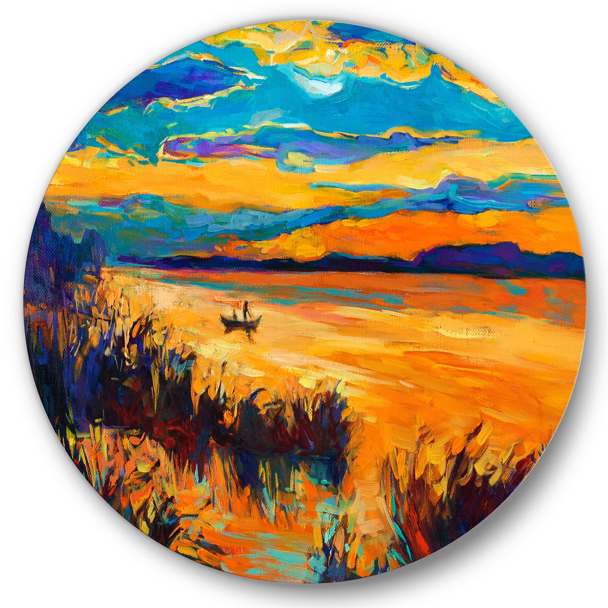 Designart 'Little Boat At The Horizon Of A Lake During Evening Glow' Nautical & Coastal Circle Metal Wall Art 29x29 - Disc of 29
