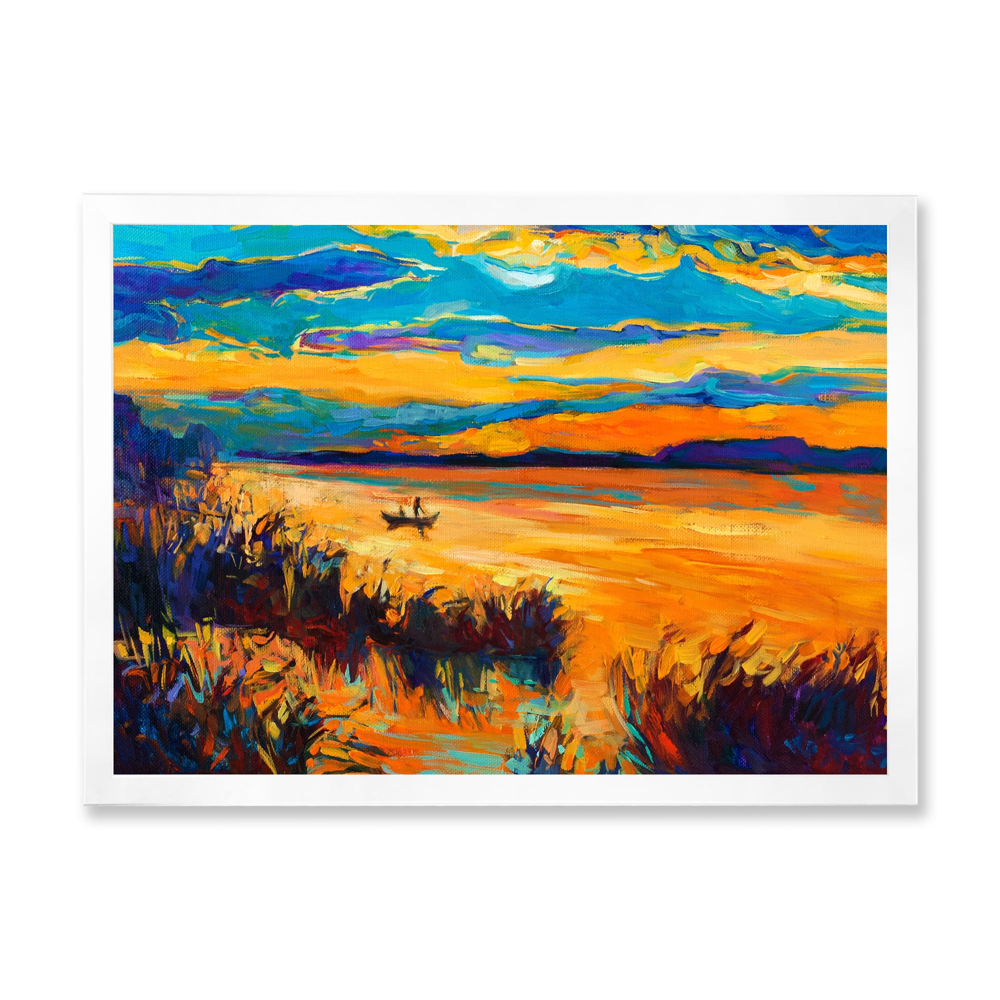 Designart 'Little Boat At The Horizon Of A Lake During Evening Glow' Nautical & Coastal Framed Art Print