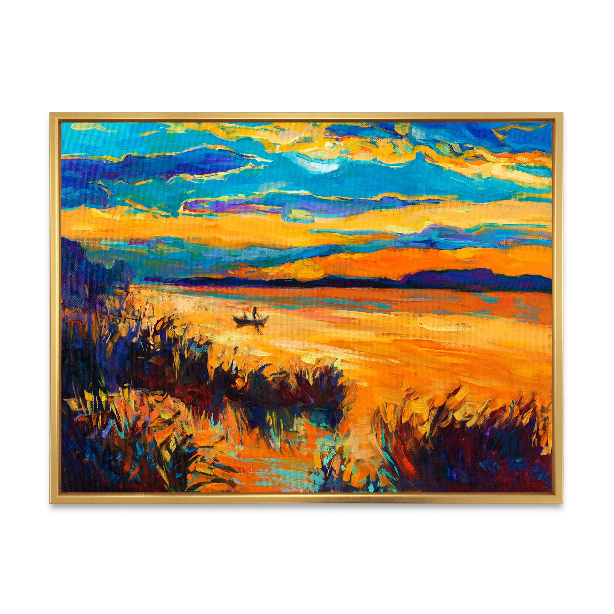 Designart 'Little Boat At The Horizon Of A Lake During Evening Glow' Nautical & Coastal Framed Canvas Wall Art Print