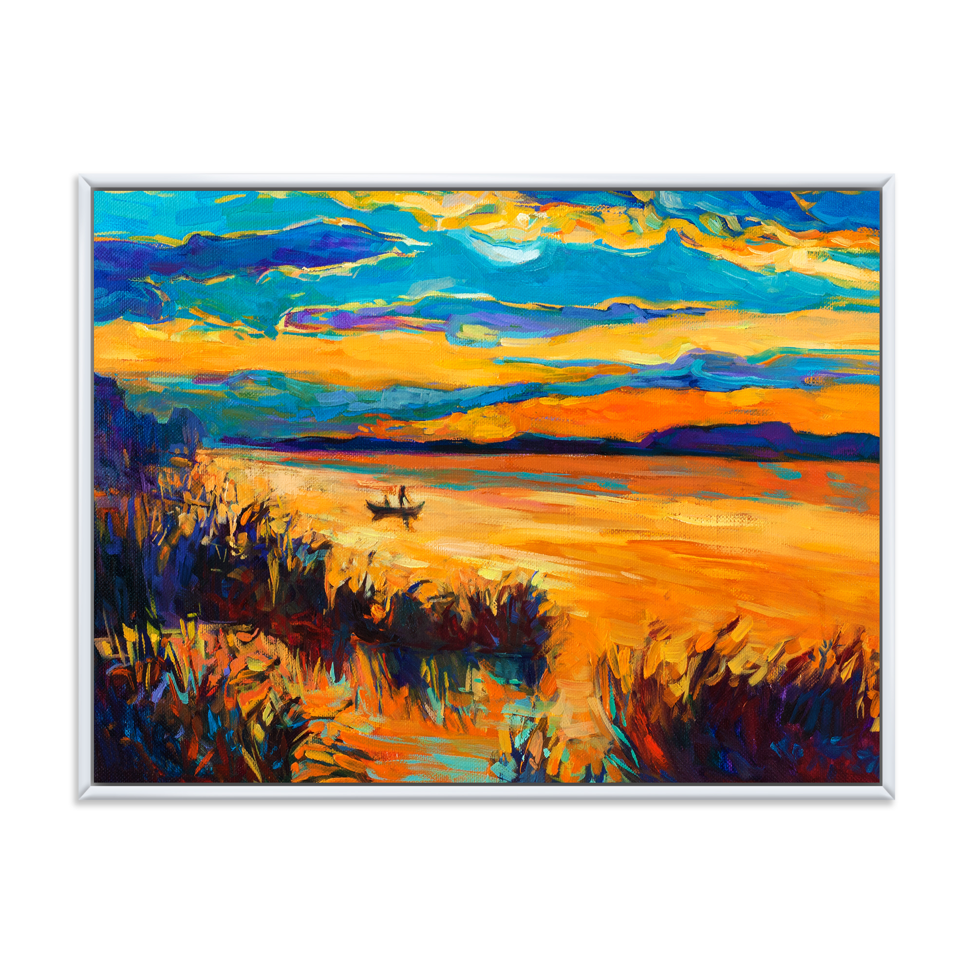 Designart 'Little Boat At The Horizon Of A Lake During Evening Glow' Nautical & Coastal Framed Canvas Wall Art Print