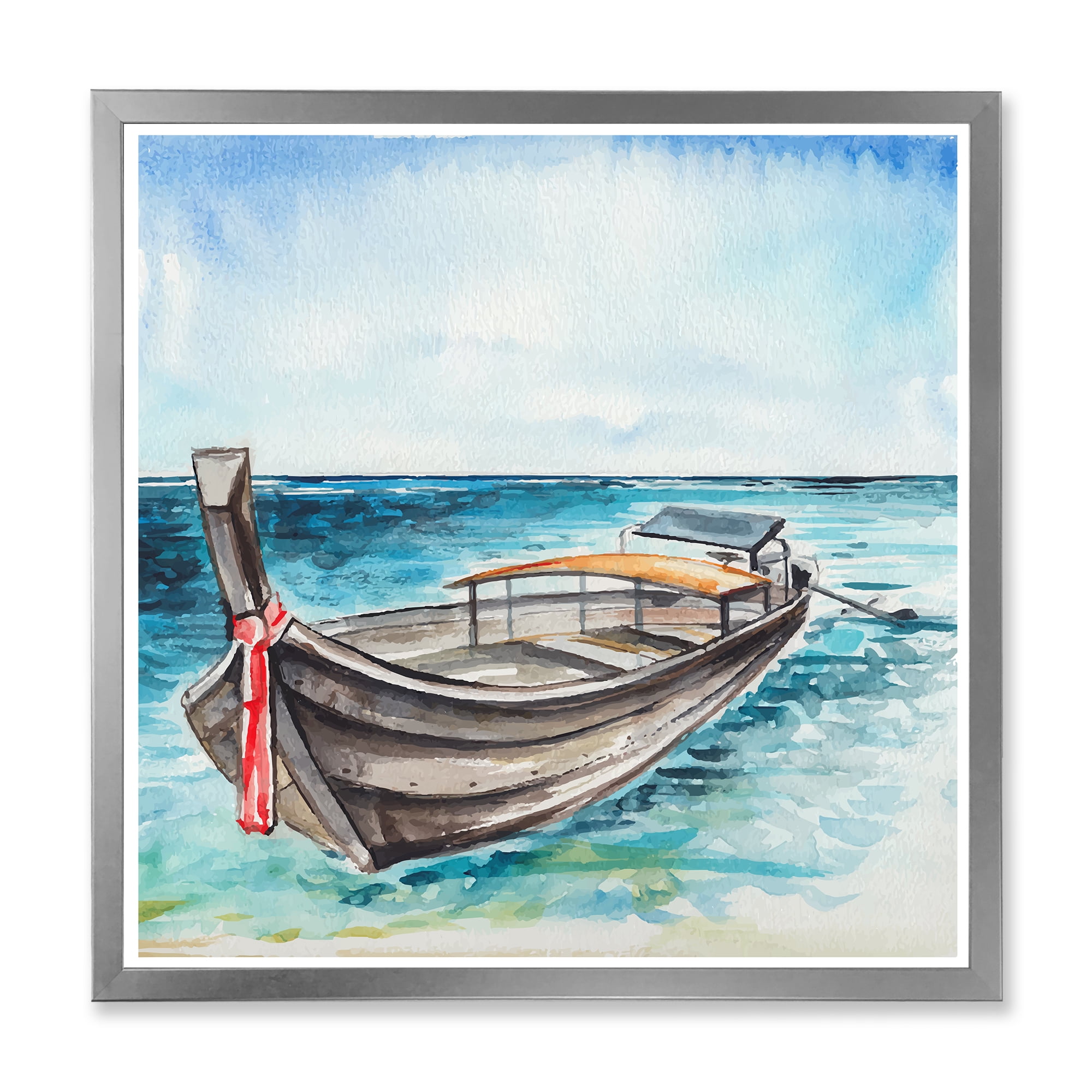 Designart 'Little Boat At The Lake Shore' Nautical & Coastal Framed Art Print