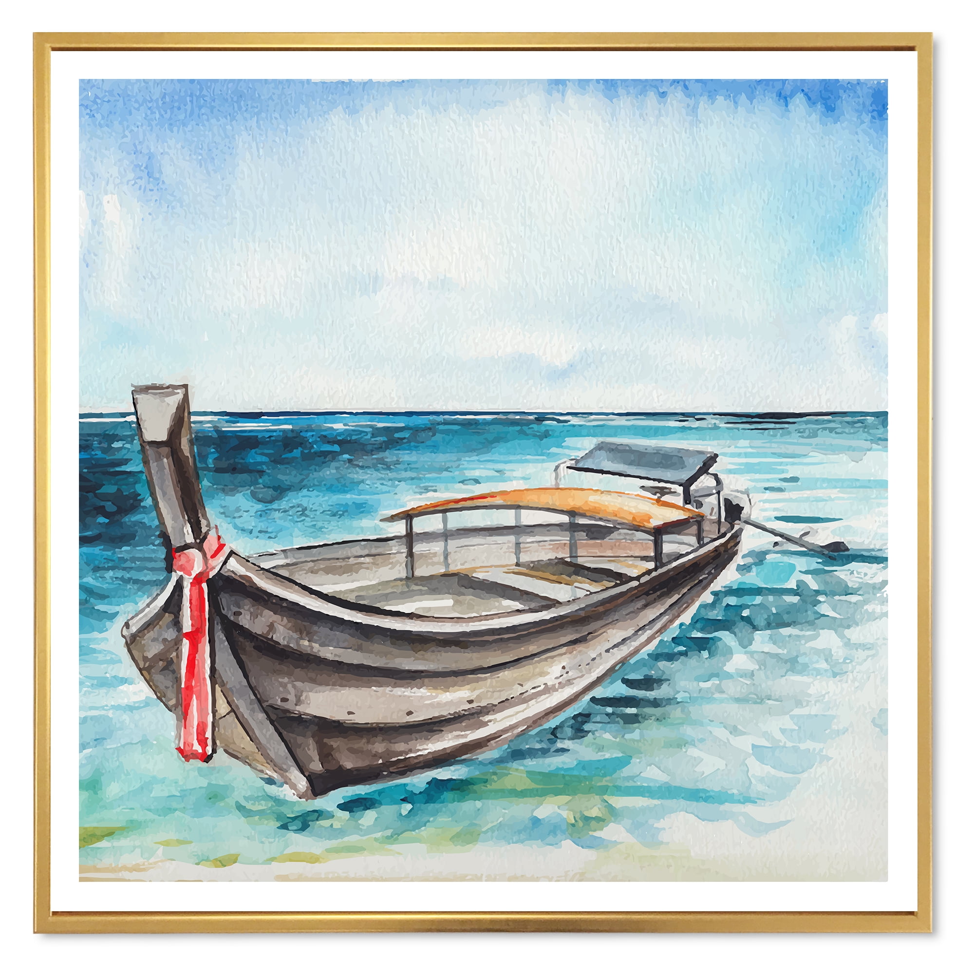 Designart 'Little Boat At The Lake Shore' Nautical & Coastal Framed Canvas Wall Art Print