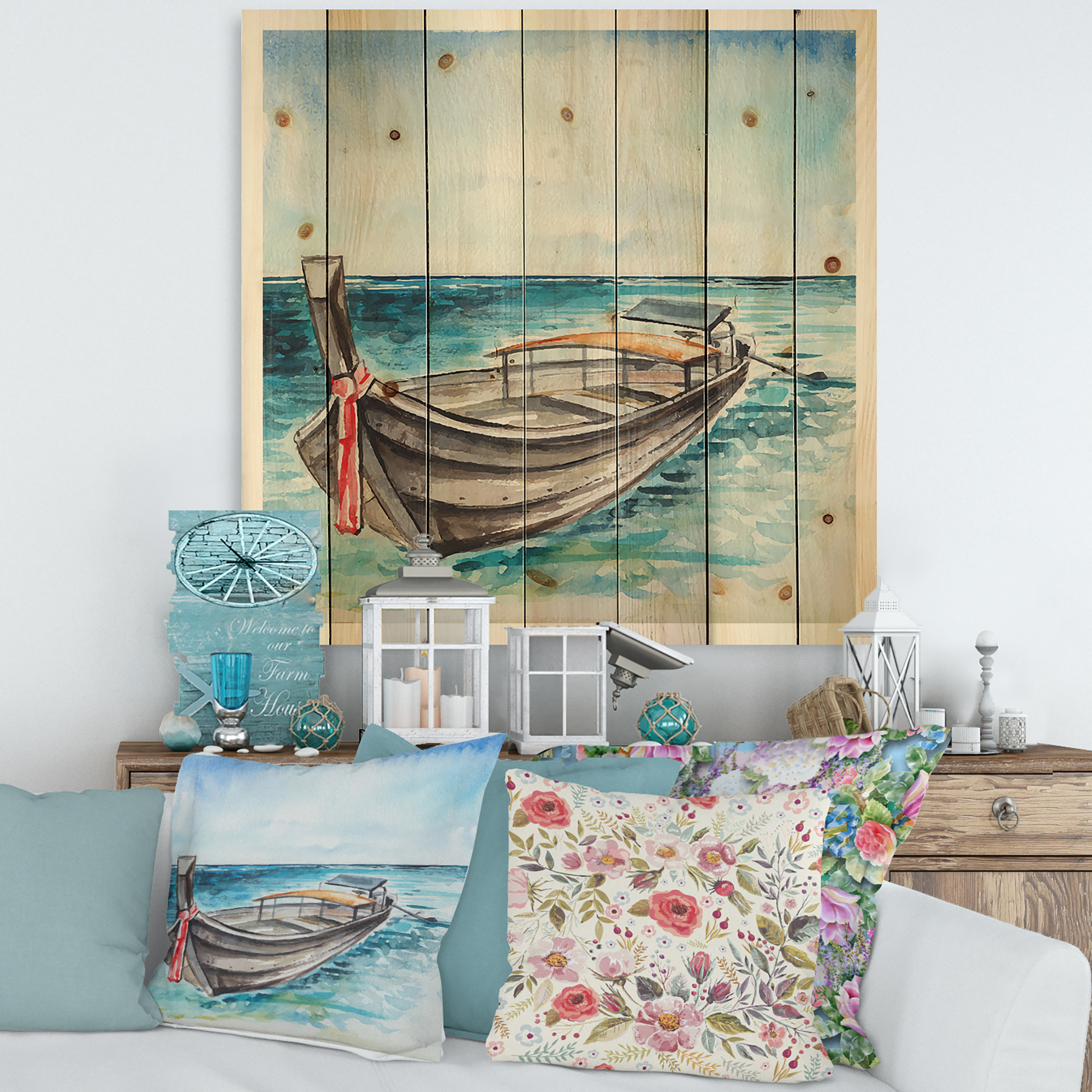 Designart 'Little Boat At The Lake Shore' Nautical & Coastal Print on Natural Pine Wood