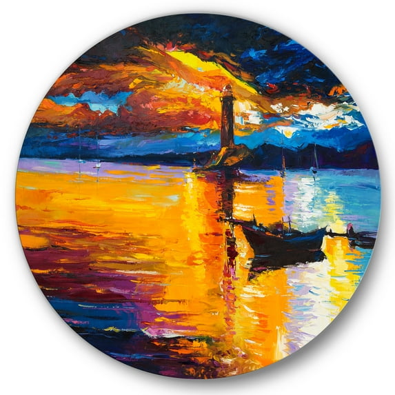 Designart 'Little Boat By Lighthouse During Evening Glow' Nautical & Coastal Circle Metal Wall Art 29x29 - Disc of 29