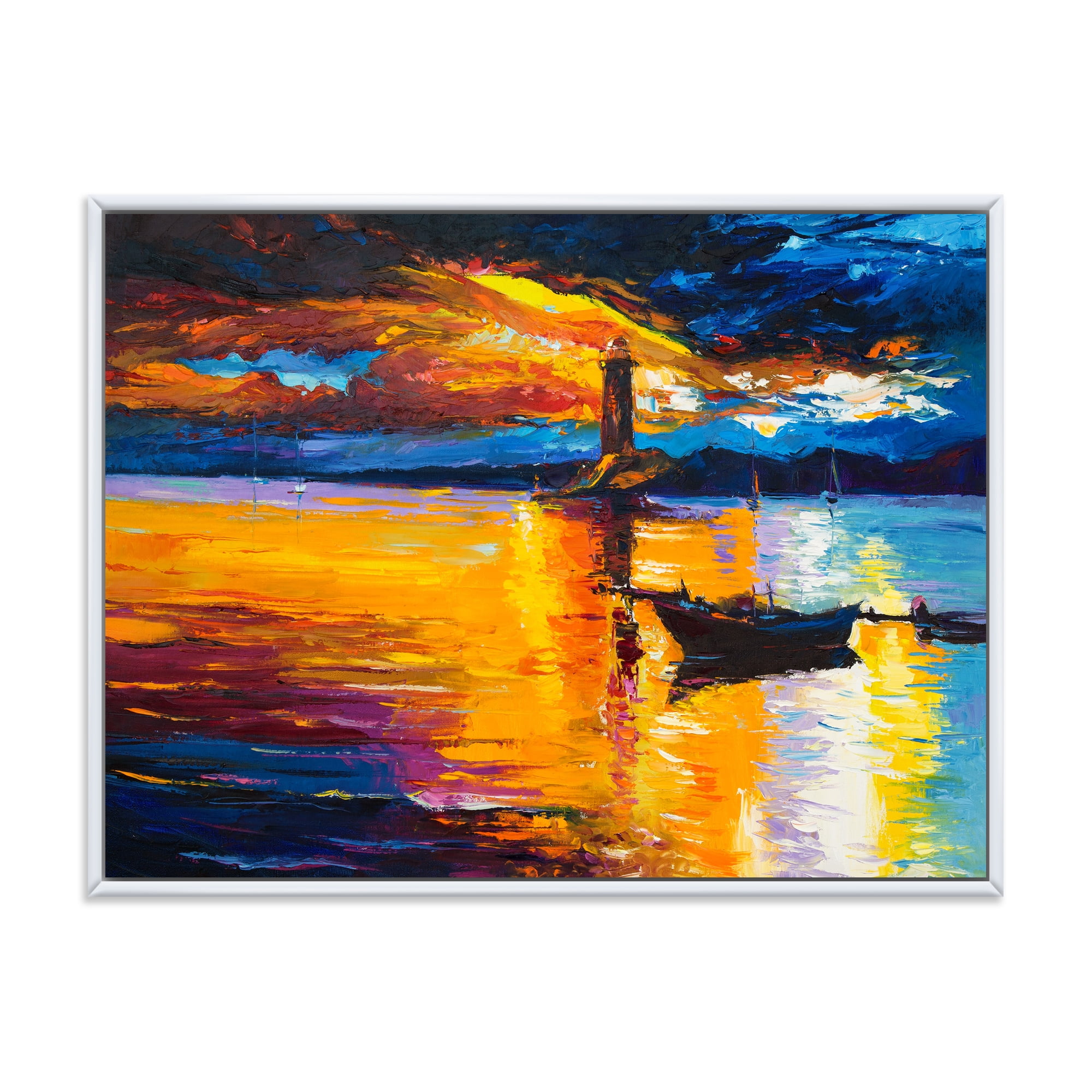 Designart 'Little Boat By Lighthouse During Evening Glow' Nautical & Coastal Framed Canvas Wall Art Print