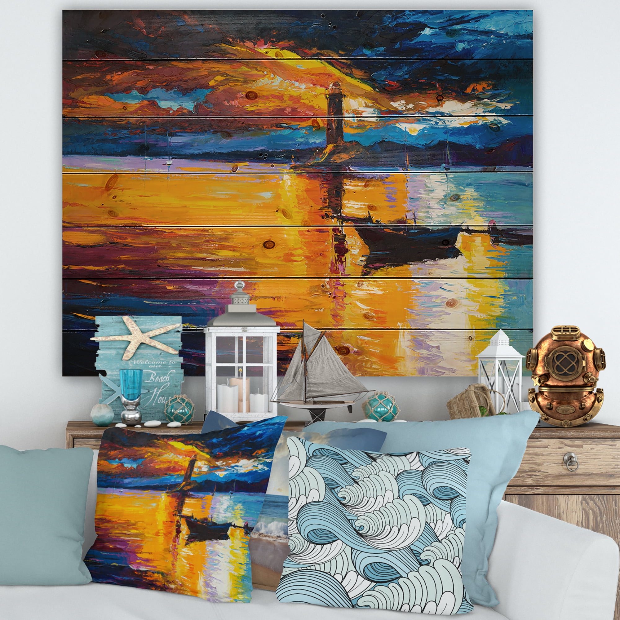 Designart 'Little Boat By Lighthouse During Evening Glow' Nautical & Coastal Print on Natural Pine Wood