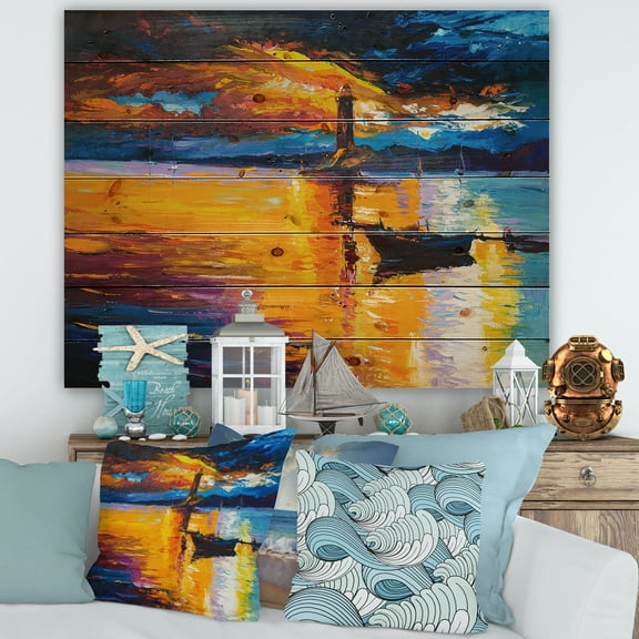 Designart 'Little Boat By Lighthouse During Evening Glow' Nautical & Coastal Print on Natural Pine Wood