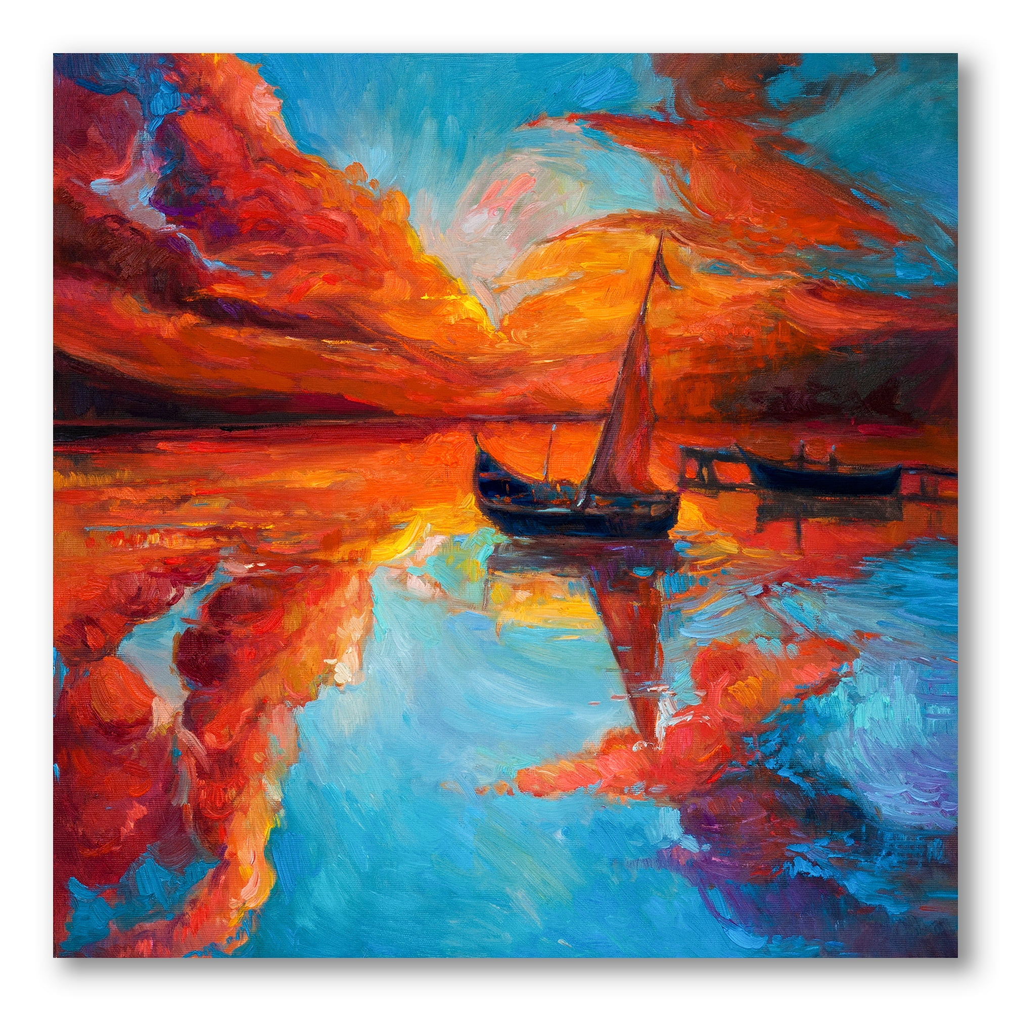 Designart ' Little Boat During Warm Deep Red Evening Glow ' Nautical & Coastal Canvas Wall Art Print