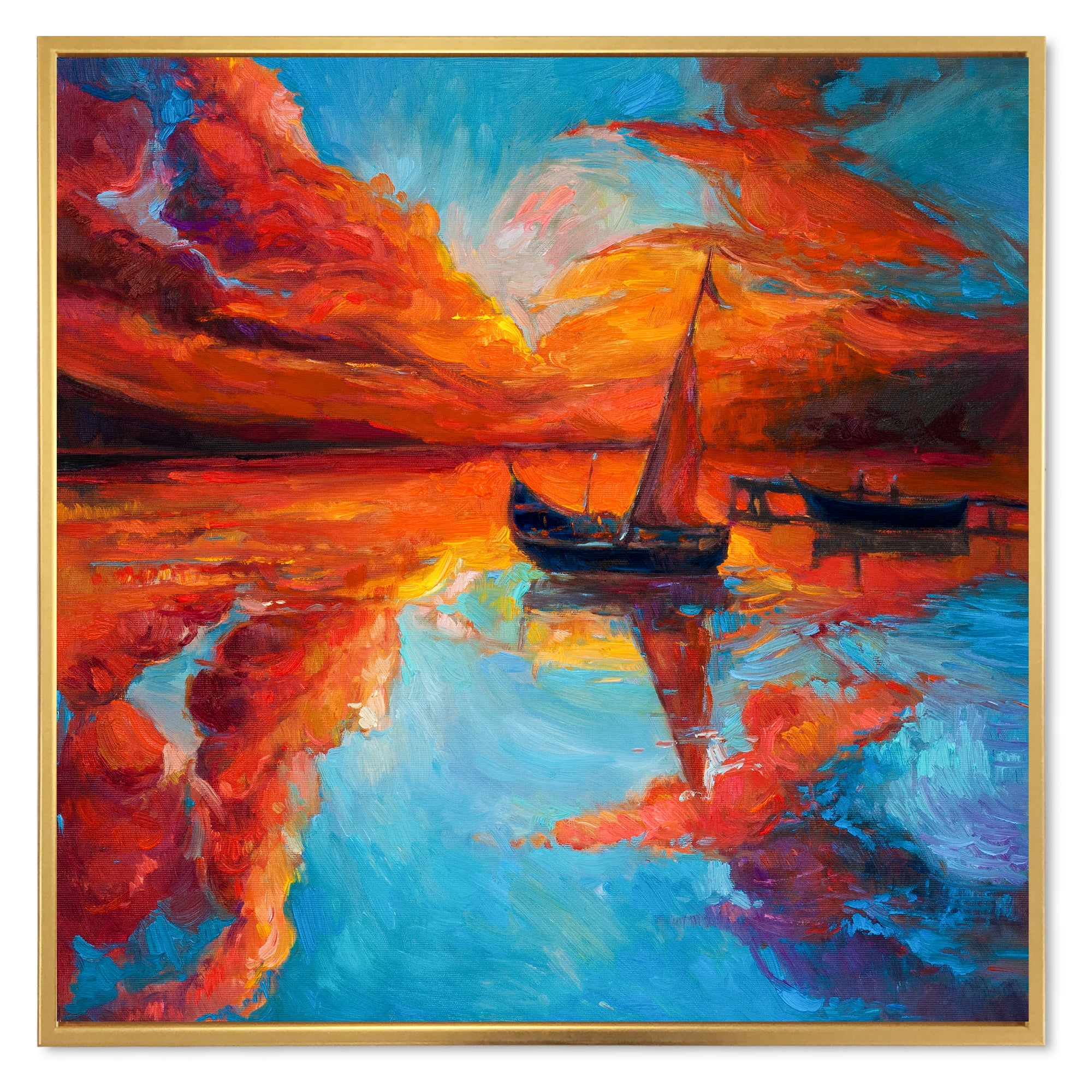 Designart 'Little Boat During Warm Deep Red Evening Glow' Nautical & Coastal Framed Canvas Wall Art Print