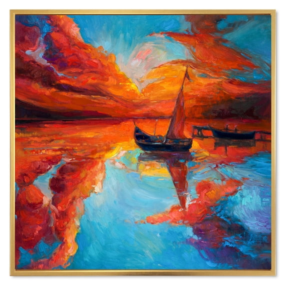 Designart 'Little Boat During Warm Deep Red Evening Glow' Nautical & Coastal Framed Canvas Wall Art Print