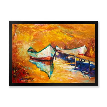 Designart 'Little Boat During Warm and Orange Evening' Nautical & Coastal Framed Art Print