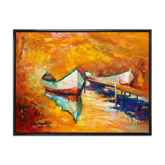 Designart 'Little Boat During Warm and Orange Evening' Nautical & Coastal Framed Canvas Wall Art Print