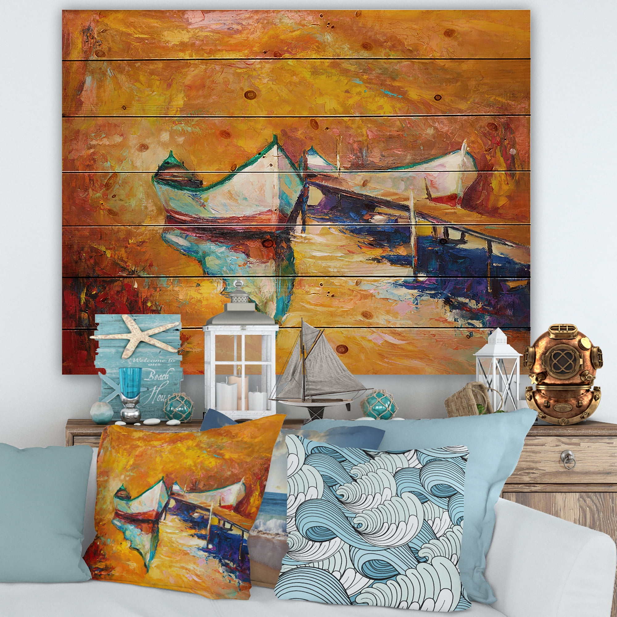 Designart 'Little Boat During Warm and Orange Evening' Nautical & Coastal Print on Natural Pine Wood