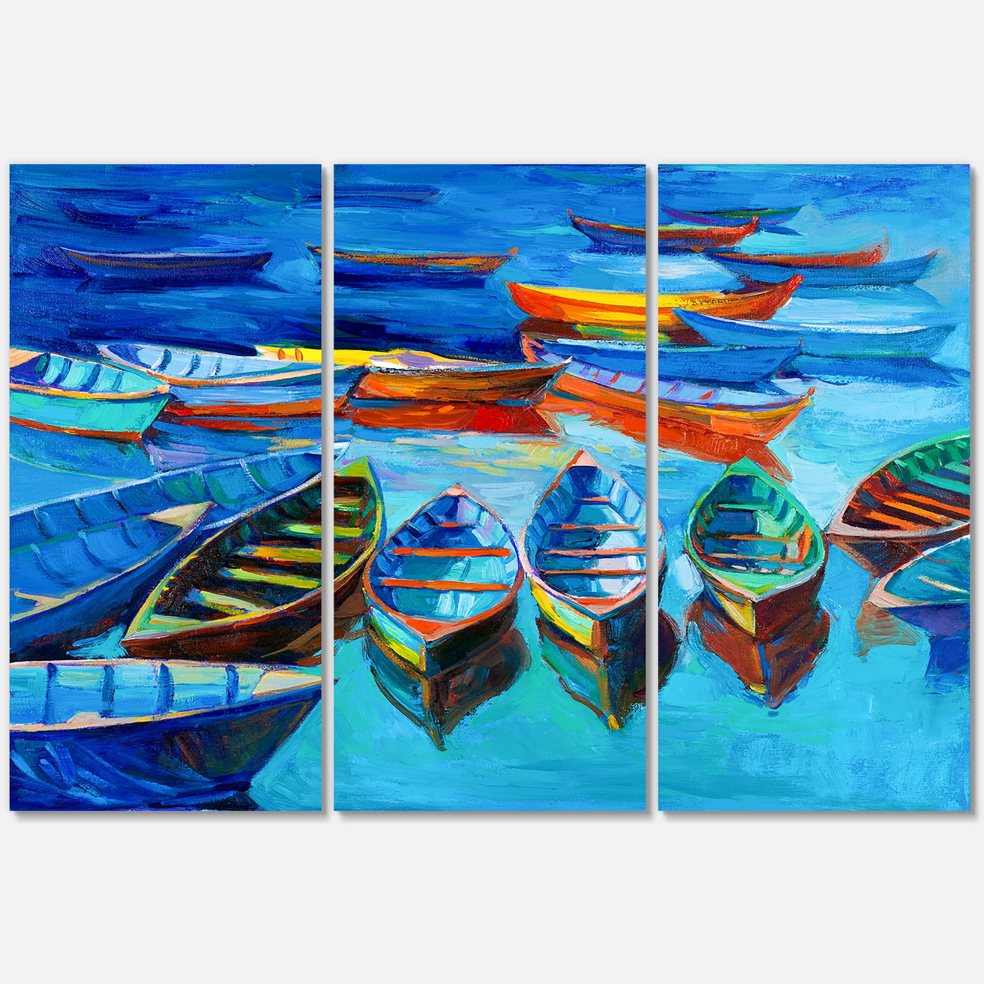 Designart ' Little Boats Wating In The Blue Harbour ' Nautical & Coastal Canvas Wall Art Print
