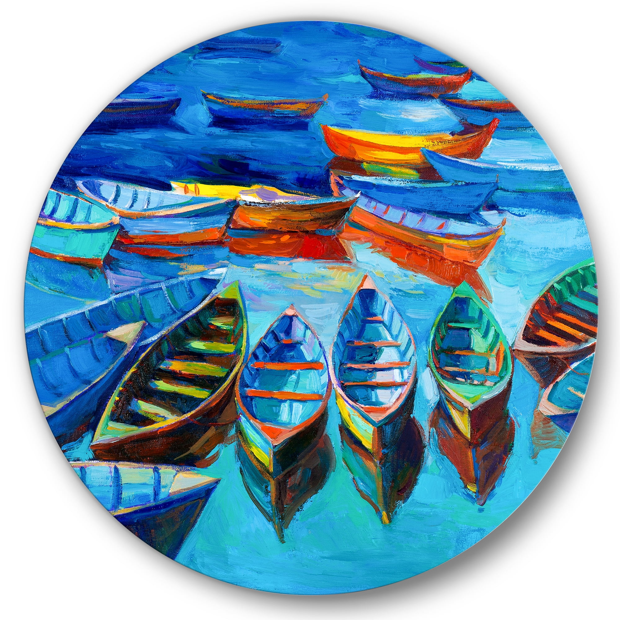 Designart 'Little Boats Wating In The Blue Harbour' Nautical & Coastal Circle Metal Wall Art 23x23 - Disc of 23