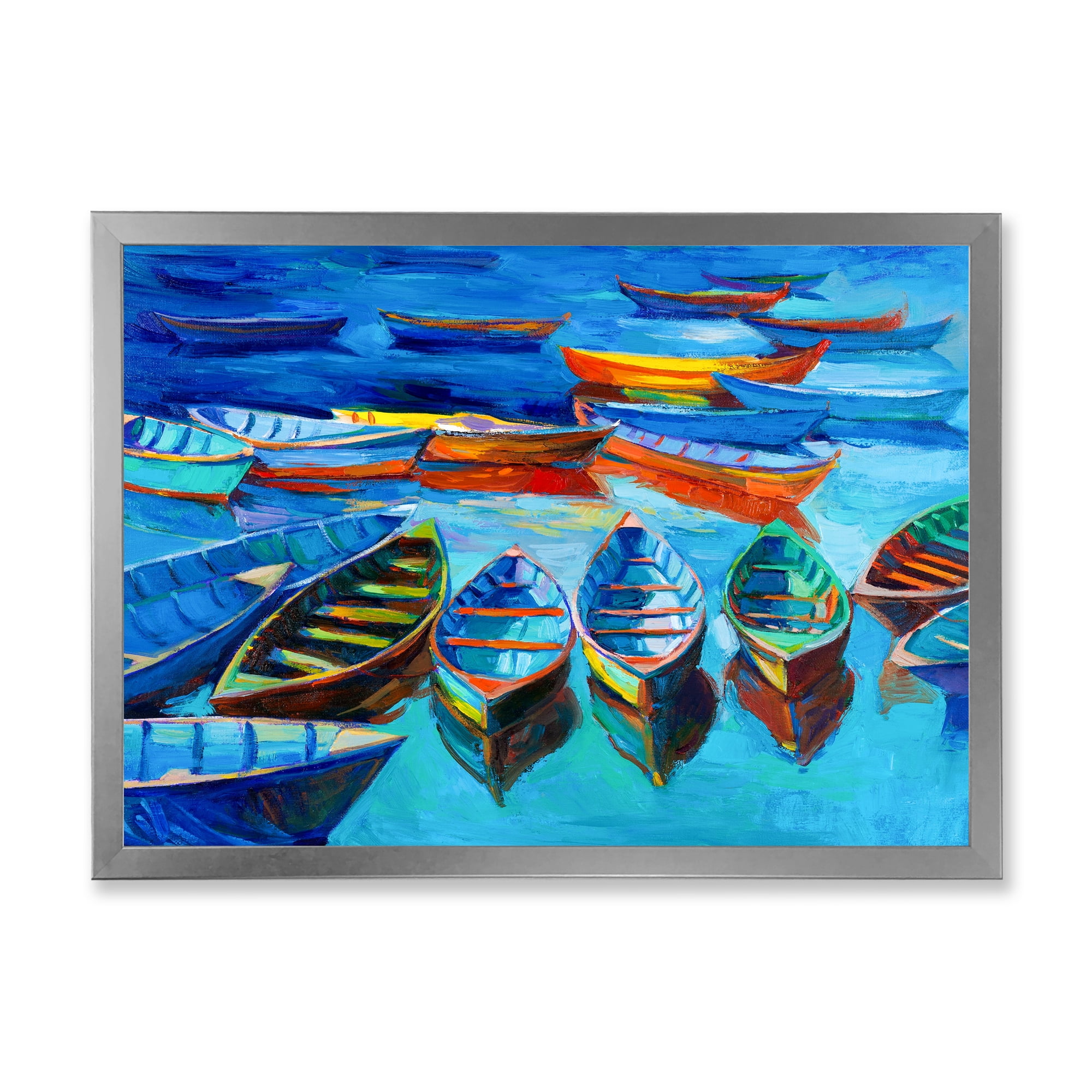 Designart 'Little Boats Wating In The Blue Harbour' Nautical & Coastal Framed Art Print