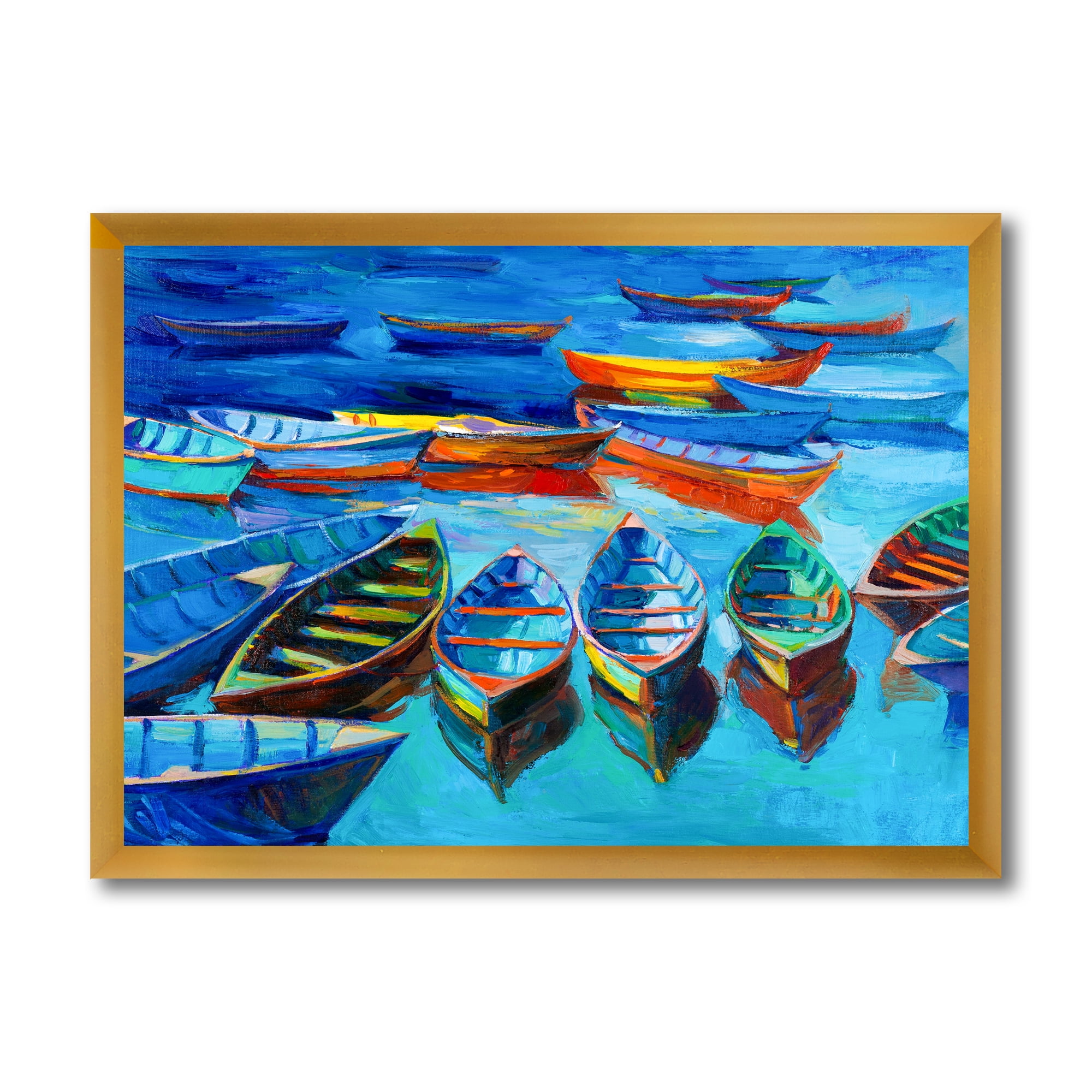 Designart 'Little Boats Wating In The Blue Harbour' Nautical & Coastal Framed Art Print