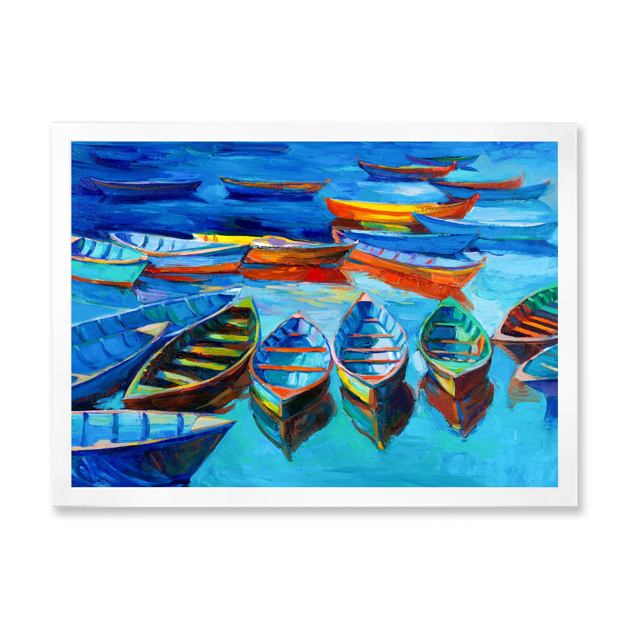 Designart 'Little Boats Wating In The Blue Harbour' Nautical & Coastal Framed Art Print