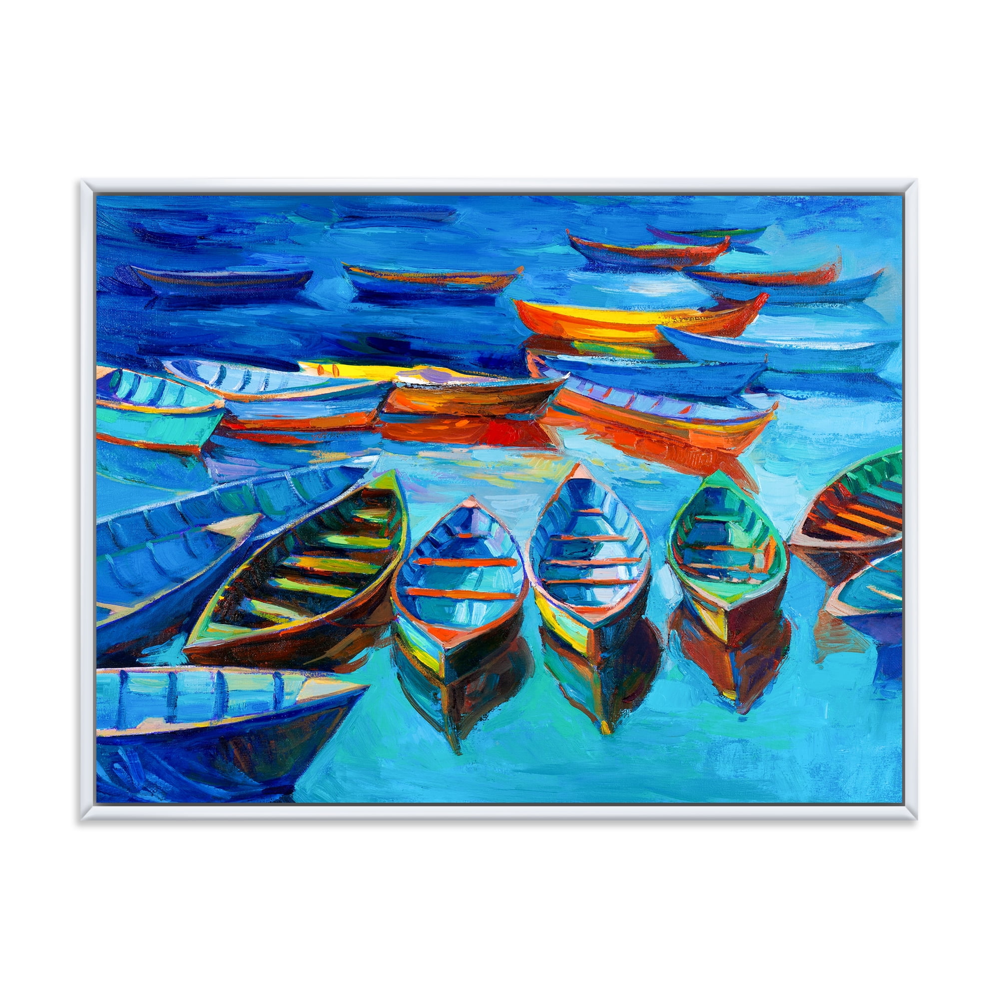 Designart 'Little Boats Wating In The Blue Harbour' Nautical & Coastal Framed Canvas Wall Art Print