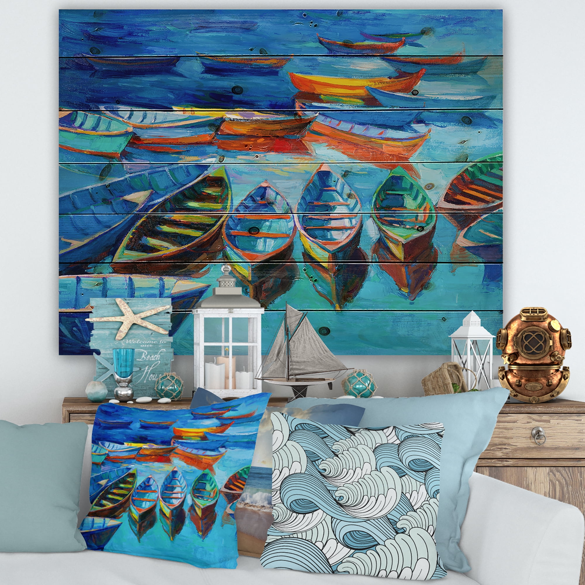 Designart 'Little Boats Wating In The Blue Harbour' Nautical & Coastal Print on Natural Pine Wood