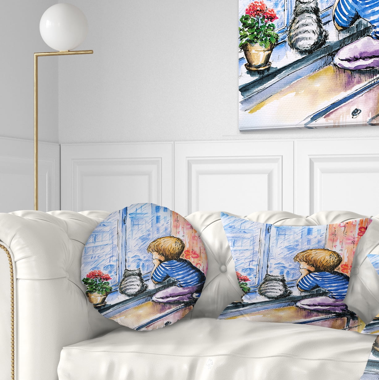 Designart Little Boy and Cat Watching City - Modern Portrait Throw Pillow - 12x20
