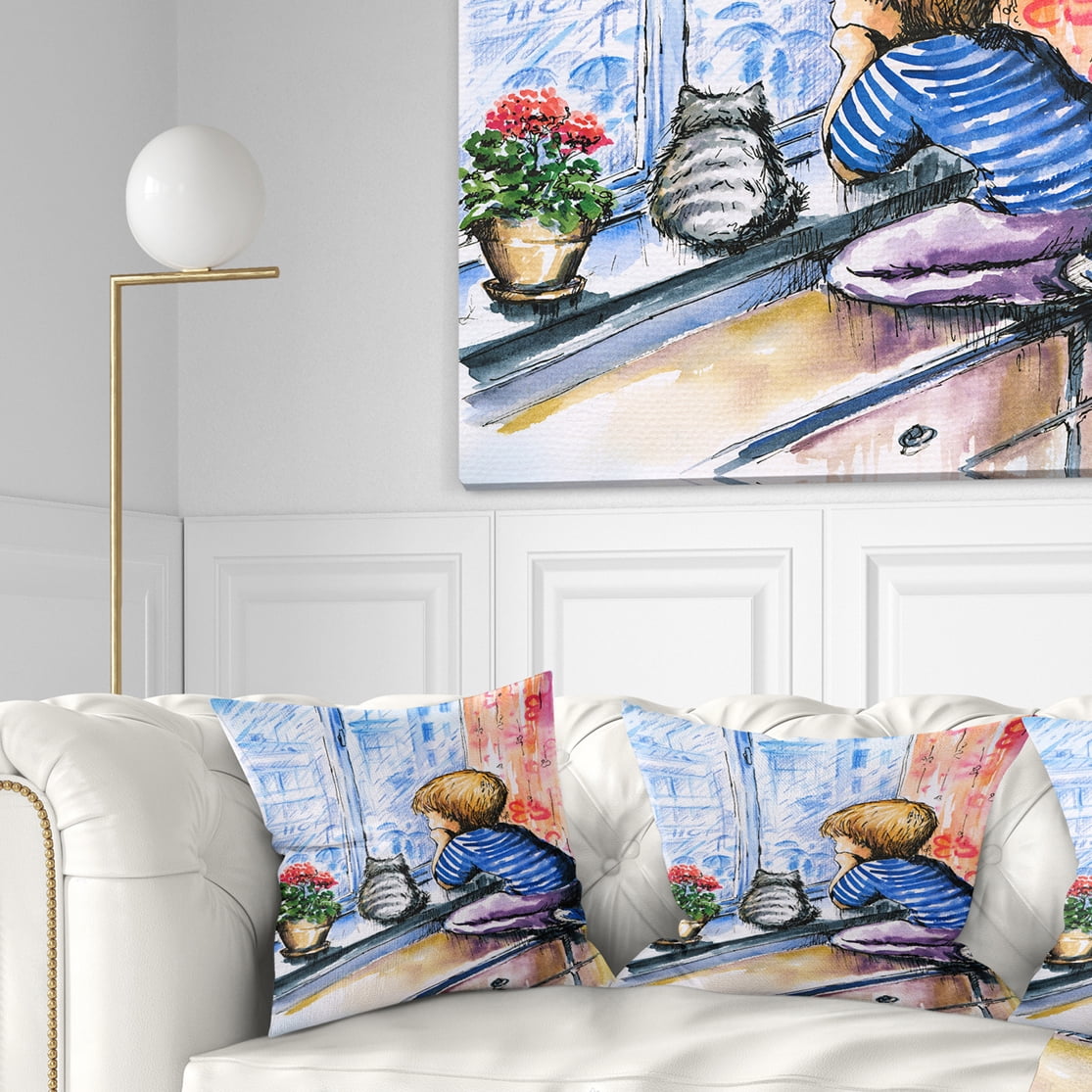 Designart Little Boy and Cat Watching City - Modern Portrait Throw Pillow - 18x18